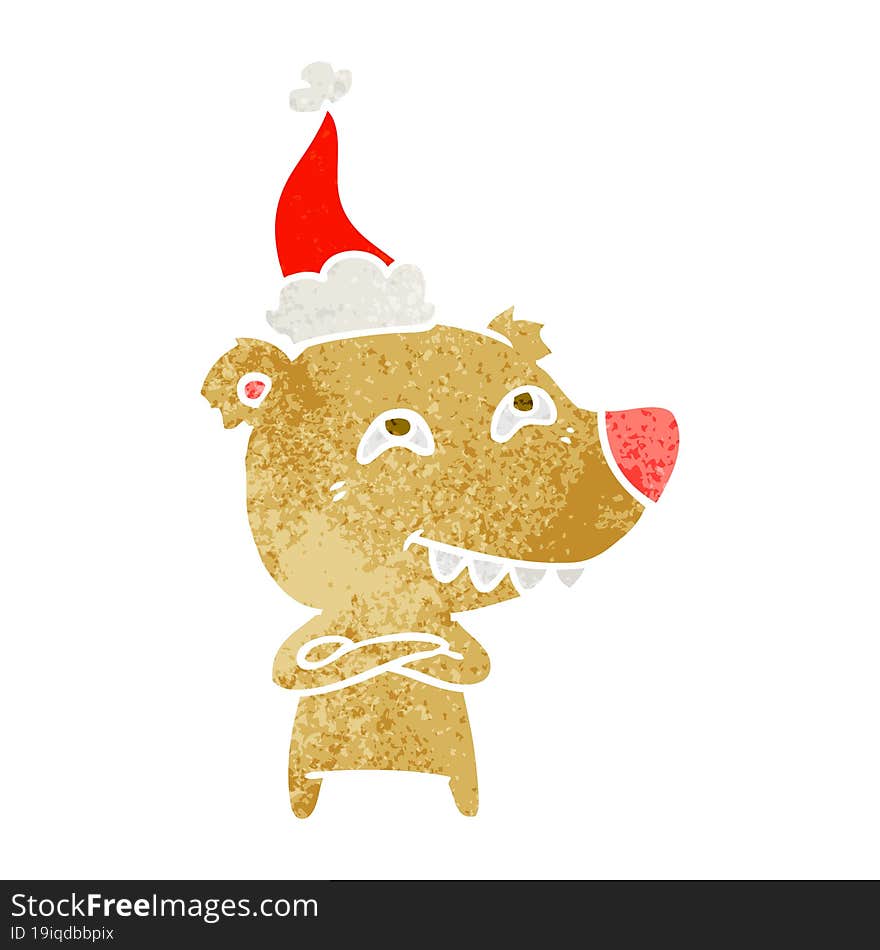 Retro Cartoon Of A Bear Showing Teeth Wearing Santa Hat