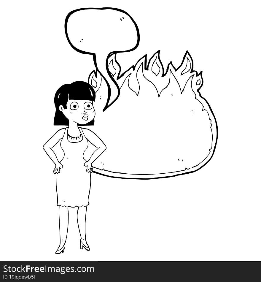 Speech Bubble Cartoon Woman In Dress With Hands On Hips And Flame Banner