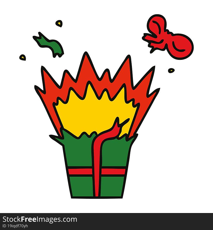 hand drawn quirky cartoon of an explosive present. hand drawn quirky cartoon of an explosive present