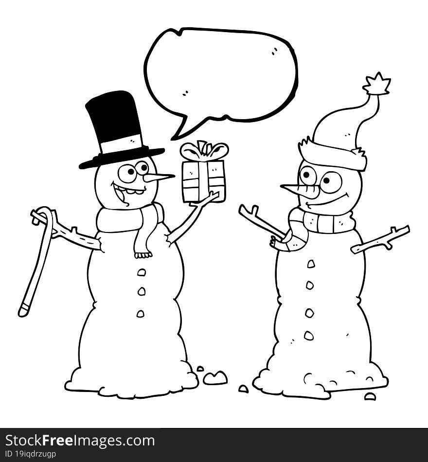 speech bubble cartoon snowmen exchanging gifts