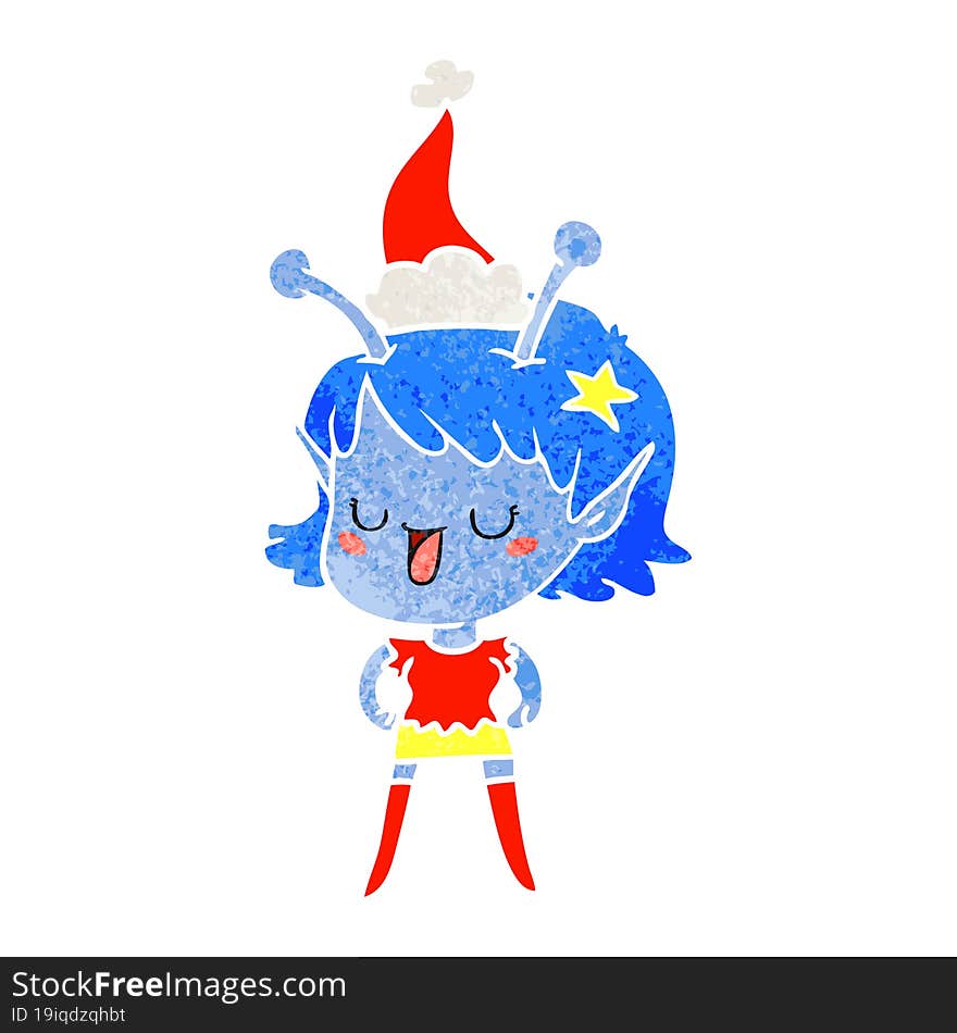 happy alien girl retro cartoon of a wearing santa hat