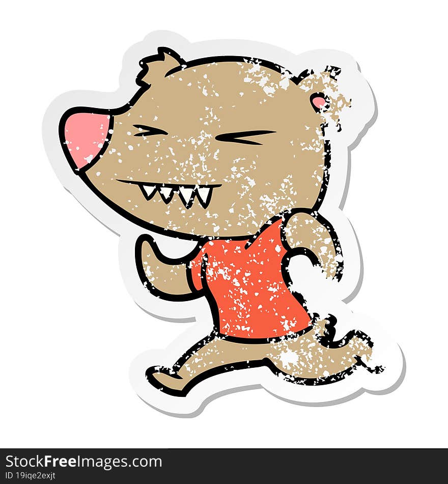 distressed sticker of a angry bear cartoon running