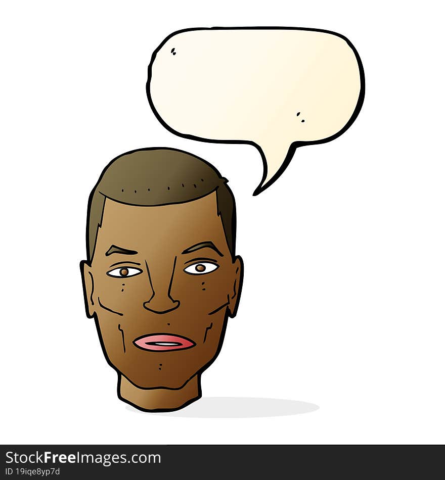 cartoon serious male face with speech bubble