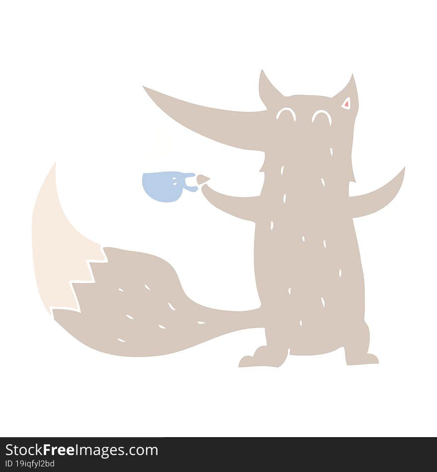 flat color illustration of wolf with coffee cup. flat color illustration of wolf with coffee cup