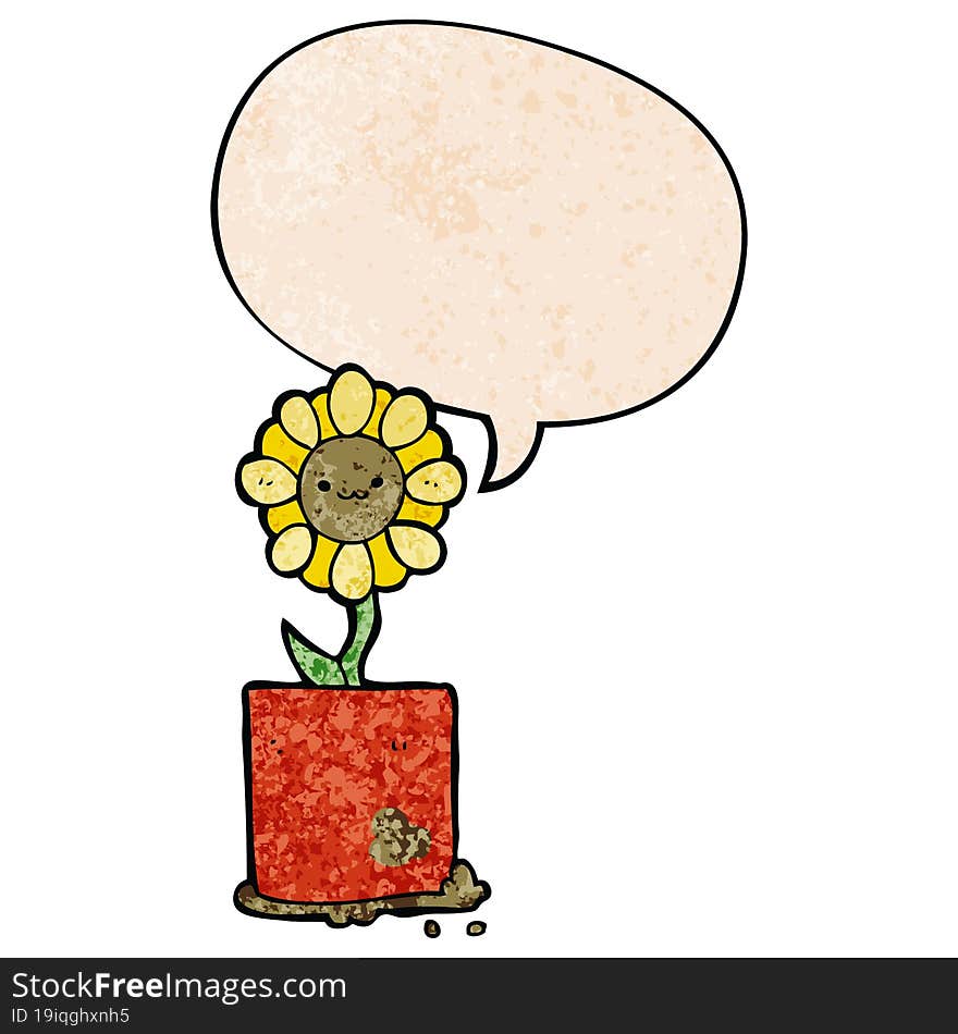 Cute Cartoon Flower And Speech Bubble In Retro Texture Style