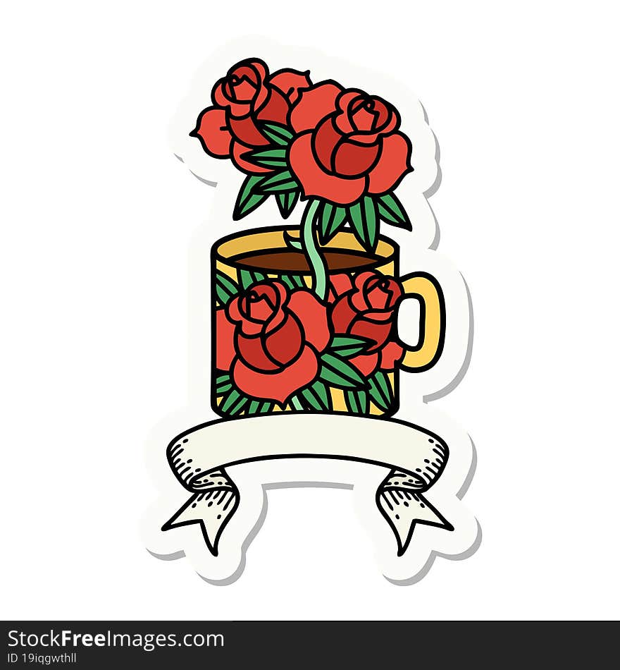 Tattoo Sticker With Banner Of A Cup And Flowers