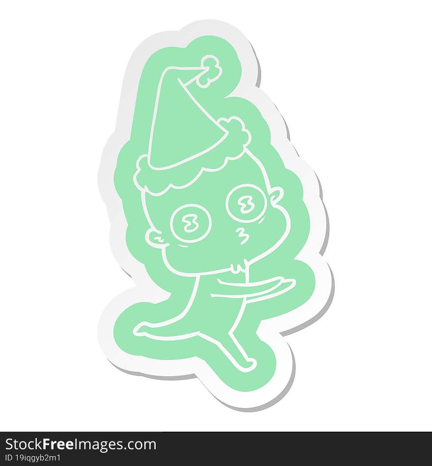 quirky cartoon  sticker of a weird bald spaceman running wearing santa hat