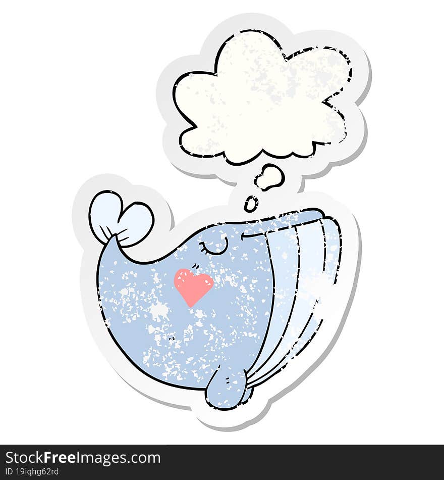 cartoon whale with love heart and thought bubble as a distressed worn sticker