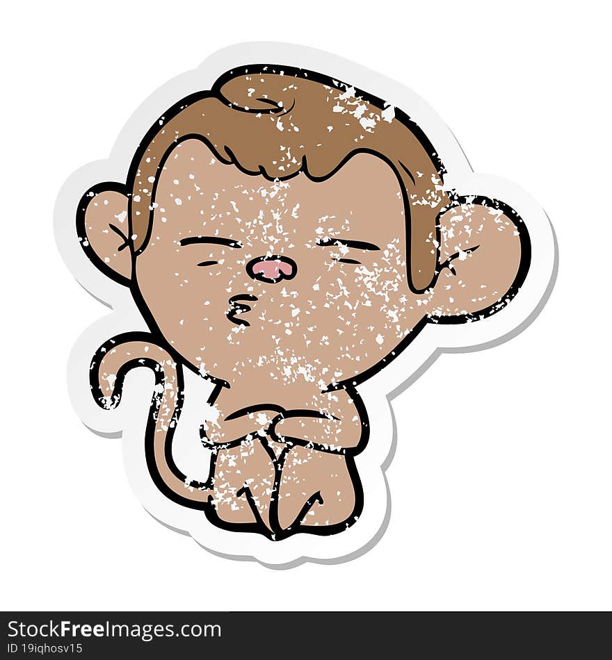 distressed sticker of a cartoon suspicious monkey