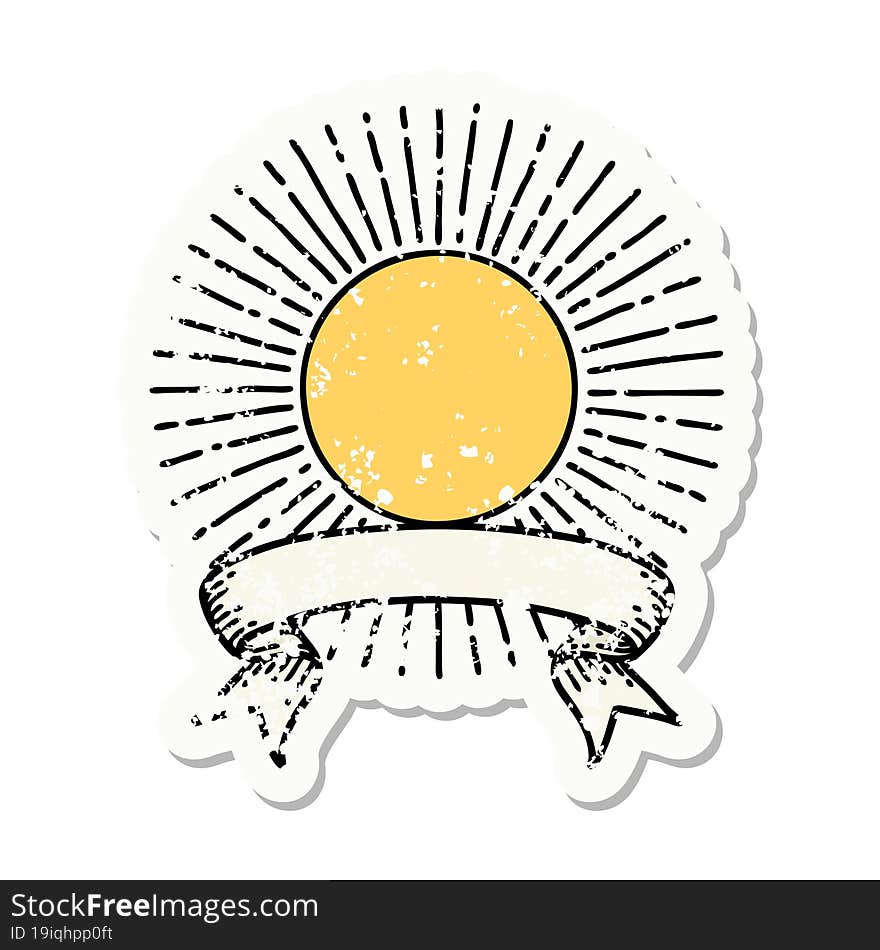 grunge sticker with banner of a sun