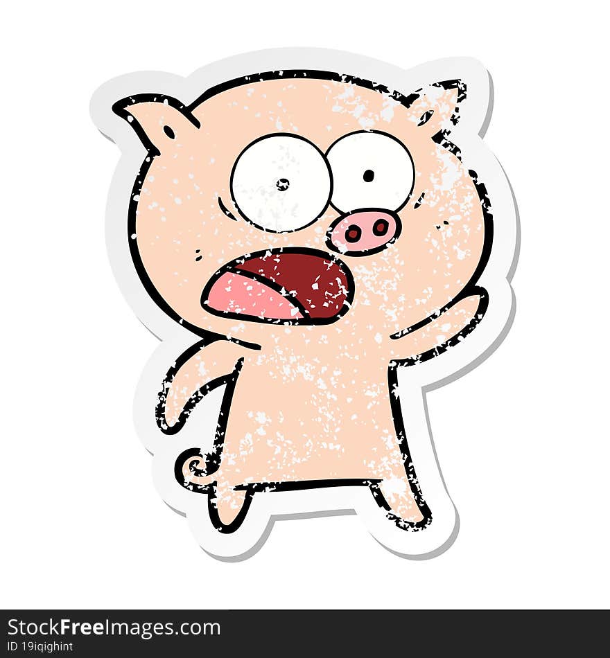 distressed sticker of a cartoon pig shouting