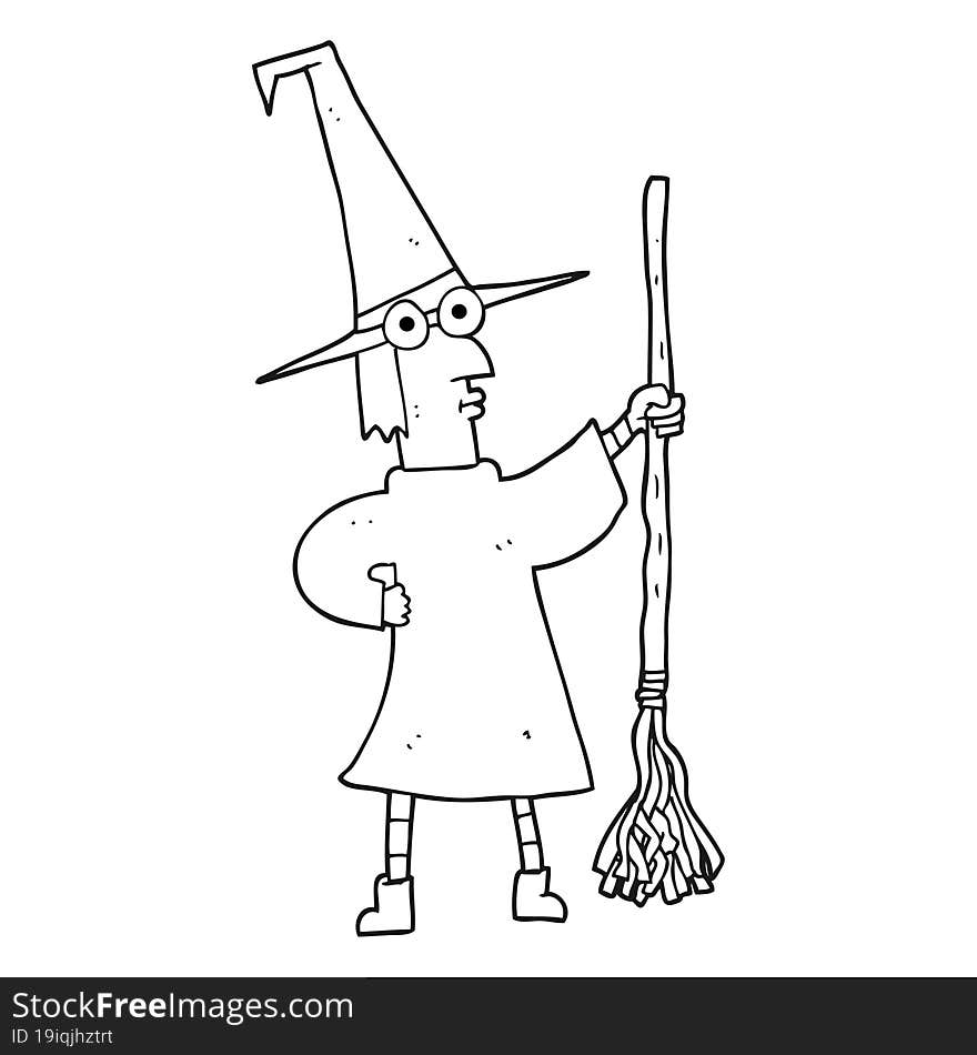 black and white cartoon witch with broom