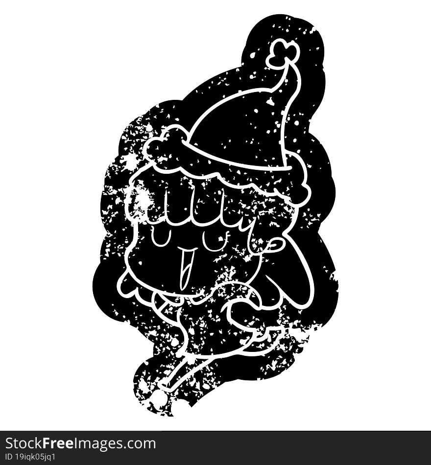 cartoon distressed icon of a woman wearing santa hat