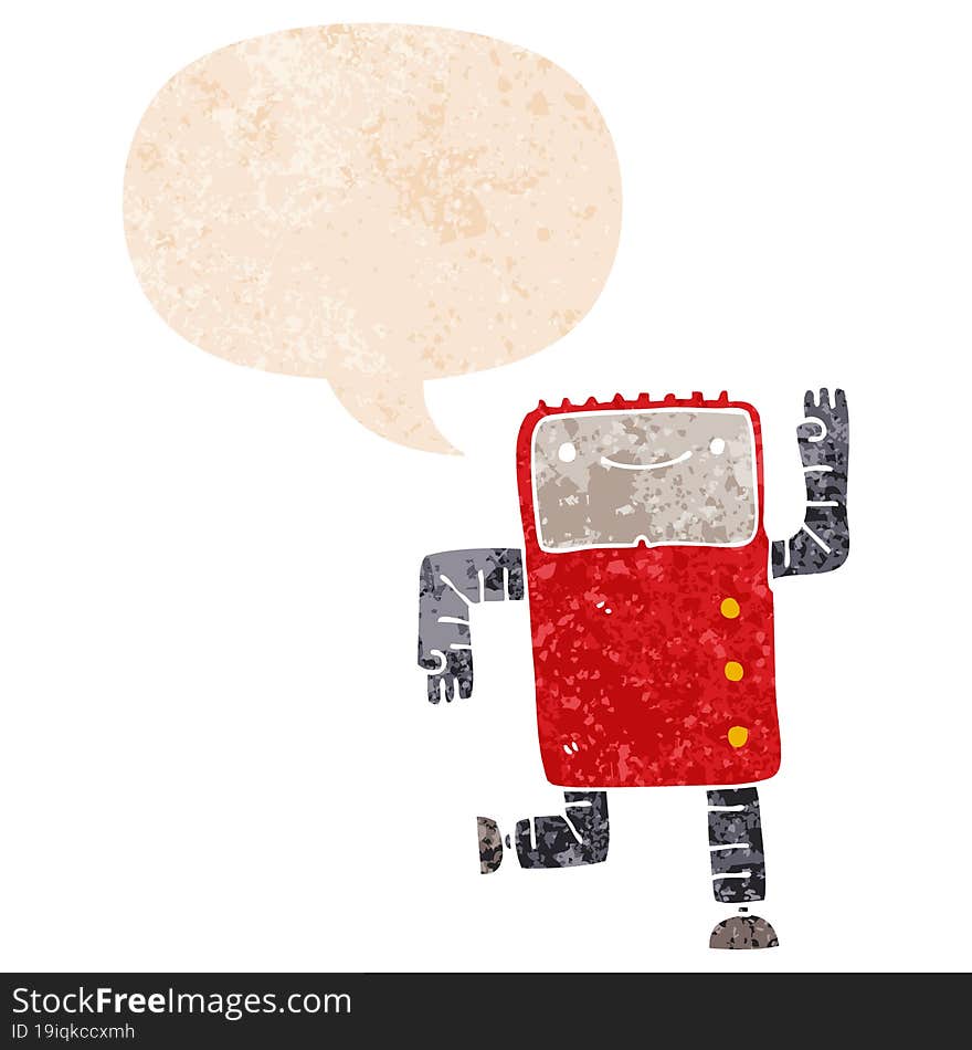 cartoon robot and speech bubble in retro textured style