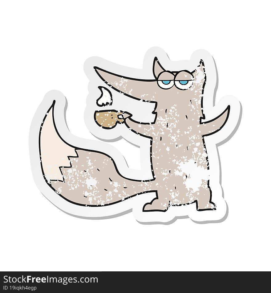 retro distressed sticker of a cartoon wolf with coffee cup