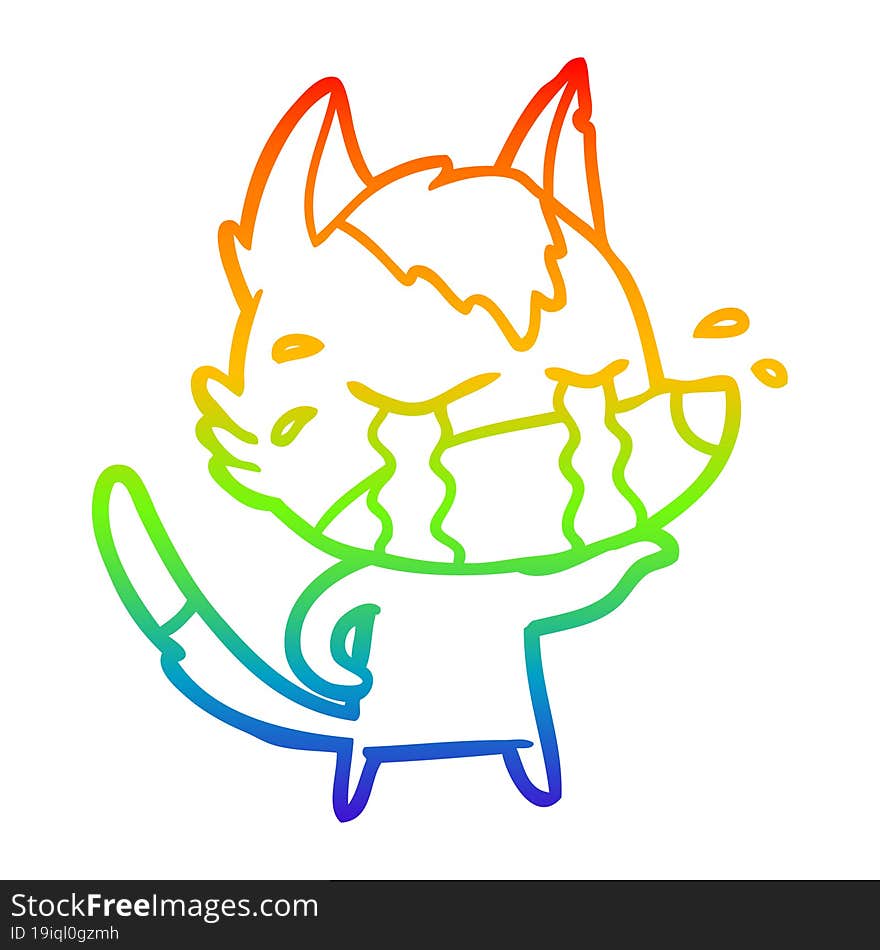 rainbow gradient line drawing of a cartoon crying wolf