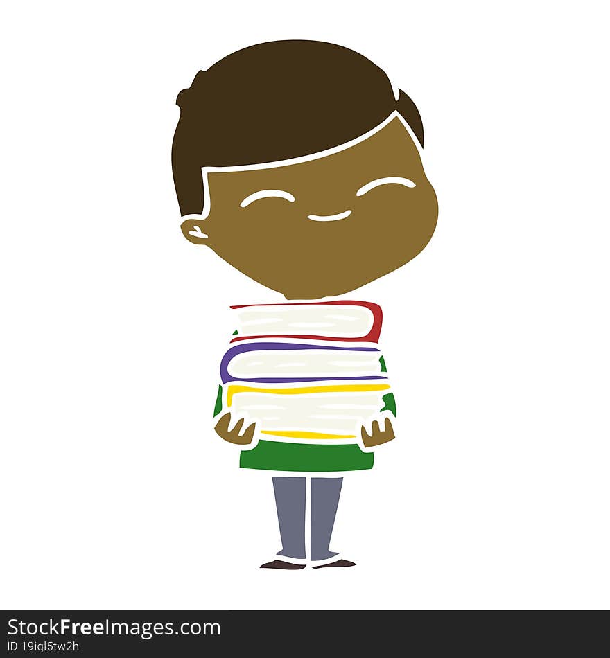 flat color style cartoon smiling boy with stack of books