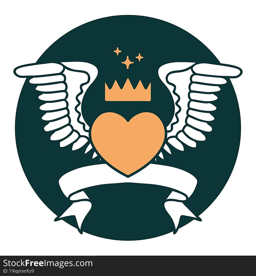 tattoo style icon with banner of a heart with wings