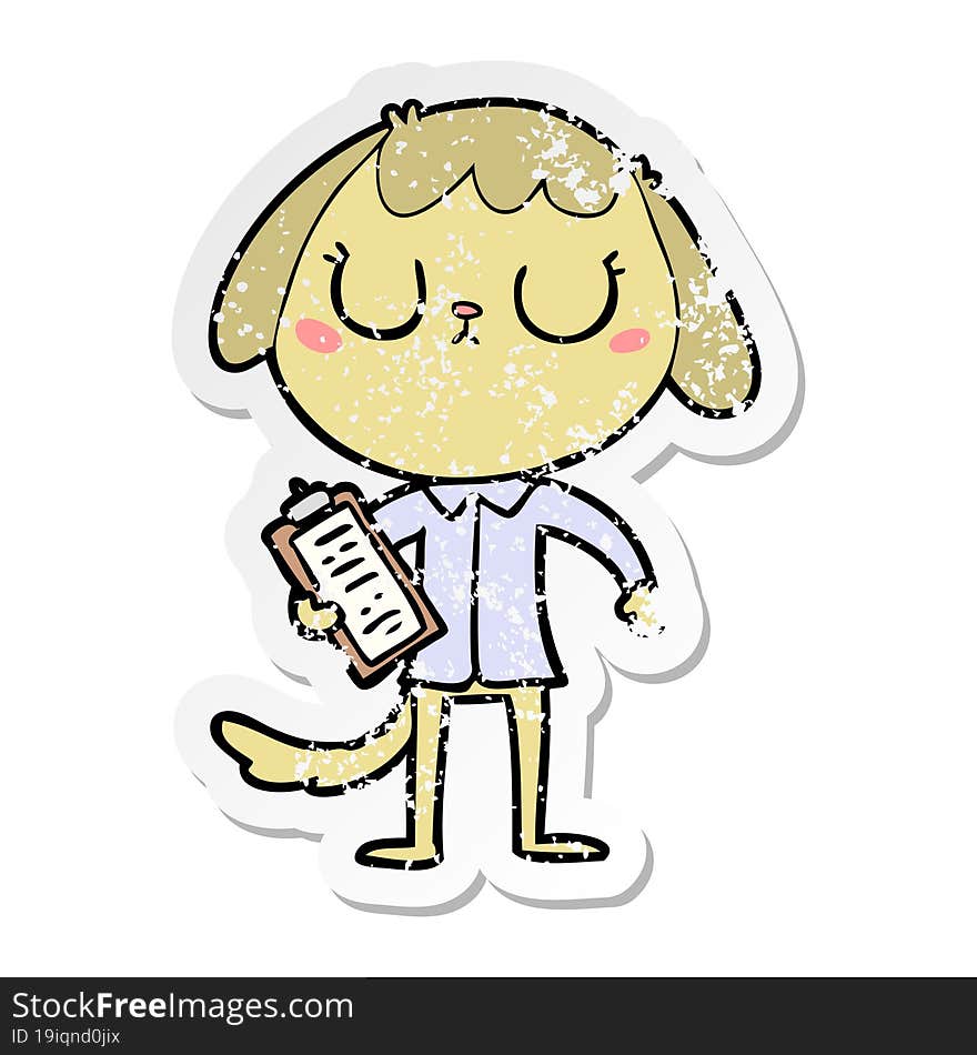 distressed sticker of a cute cartoon dog wearing office shirt