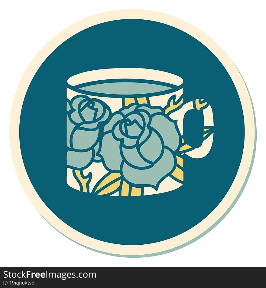 tattoo style sticker of a cup and flowers