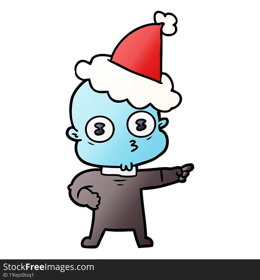 gradient cartoon of a weird bald spaceman wearing santa hat