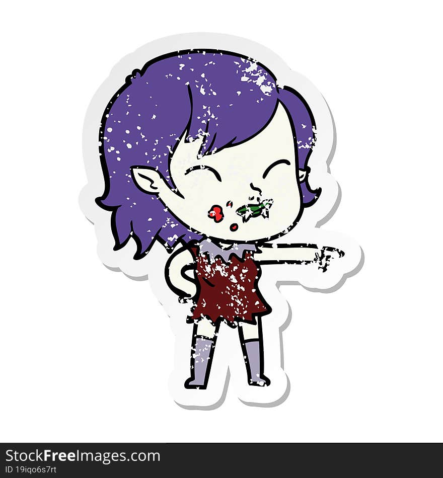 distressed sticker of a cartoon vampire girl with blood on cheek