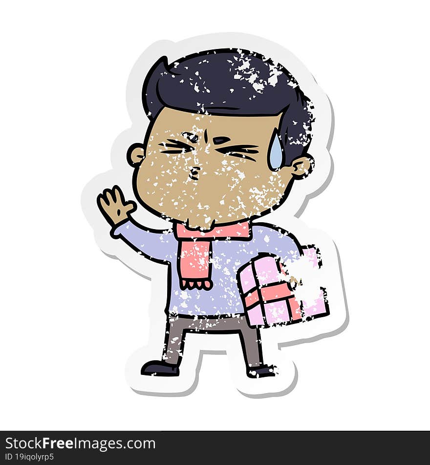 distressed sticker of a cartoon man sweating