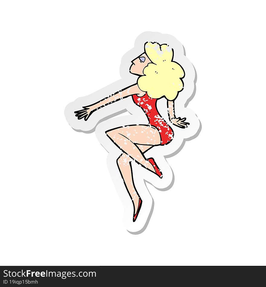 retro distressed sticker of a cartoon dancing woman