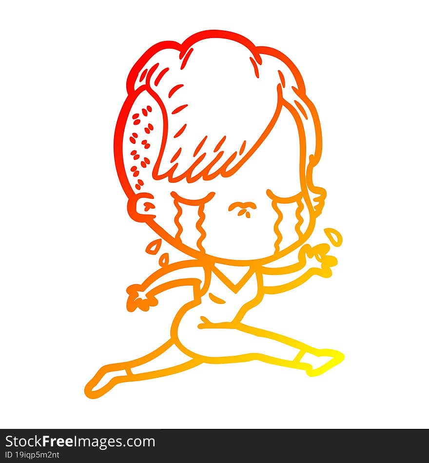 warm gradient line drawing cartoon crying girl running