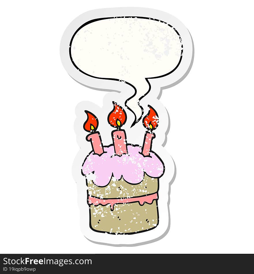 cartoon birthday cake and speech bubble distressed sticker