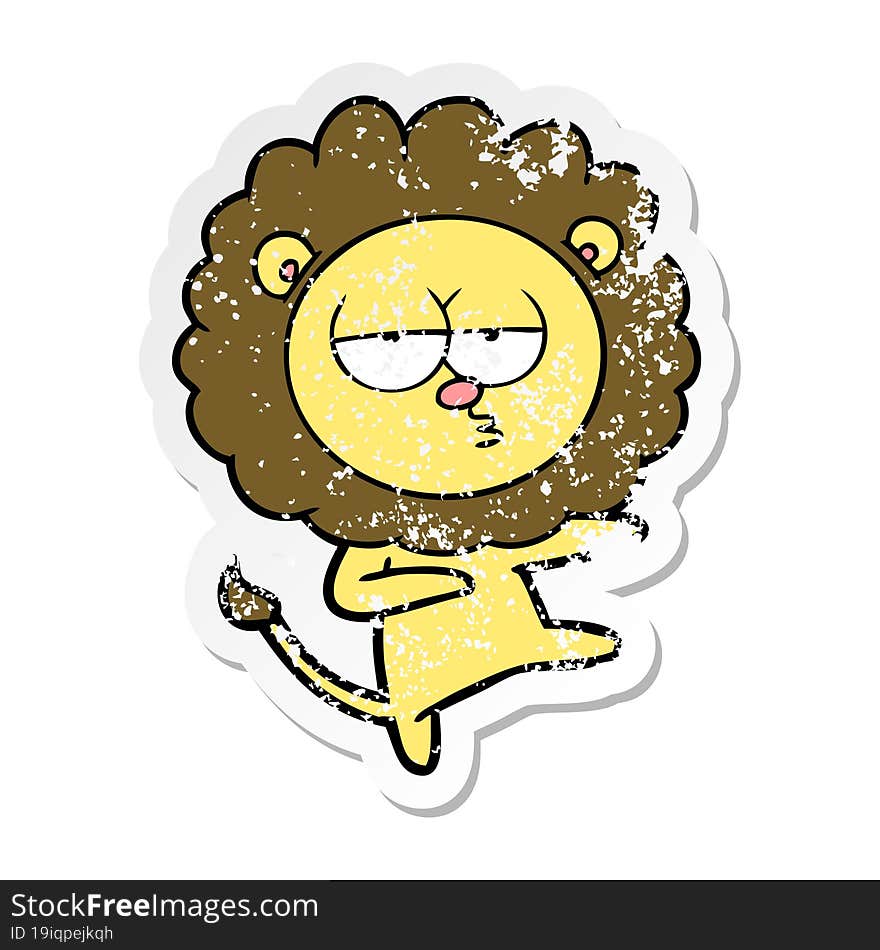 distressed sticker of a cartoon bored lion dancing