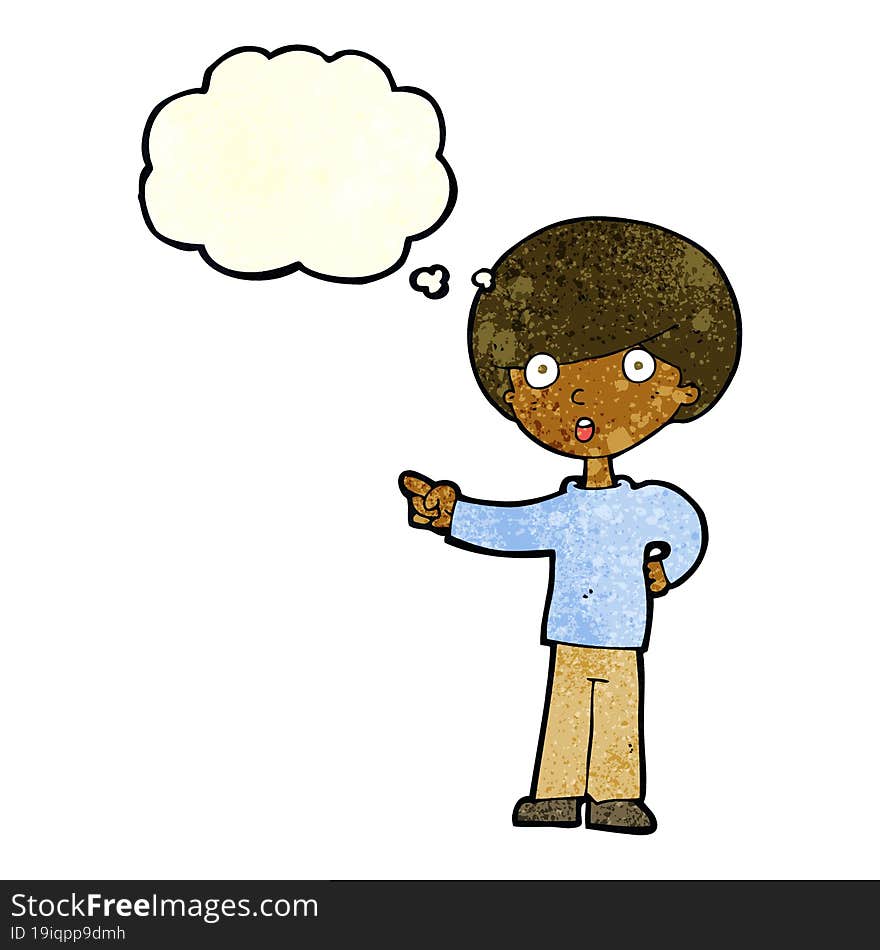 cartoon pointing boy with thought bubble