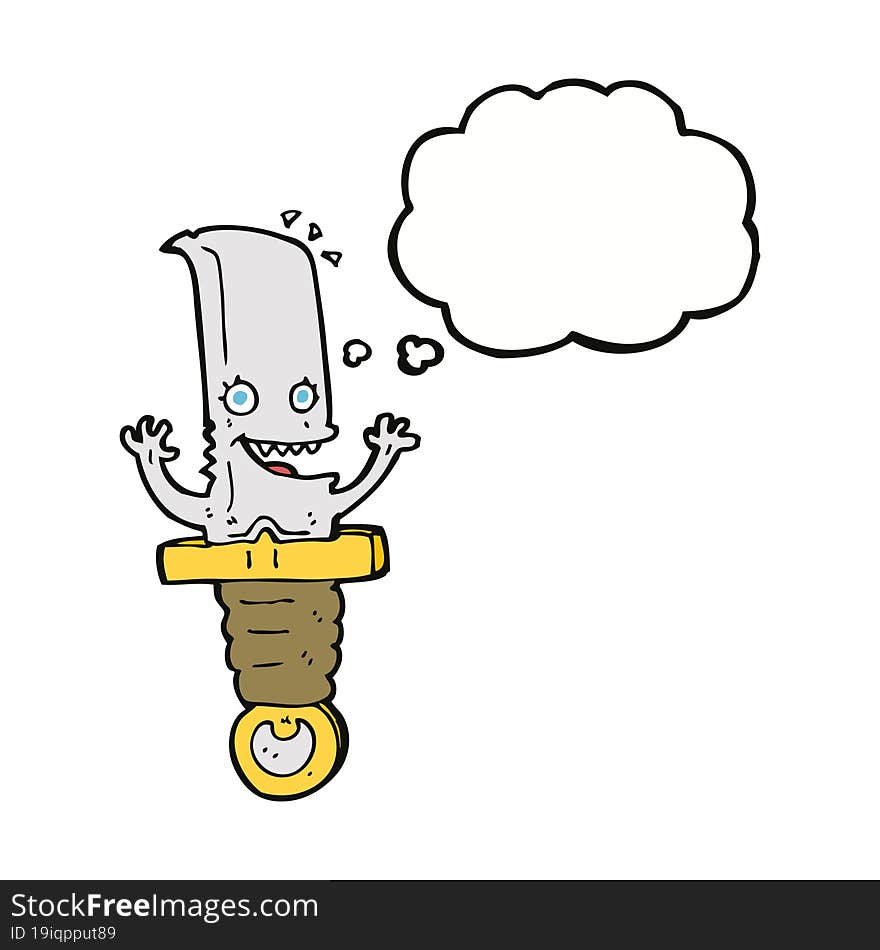 crazy cartoon knife character with thought bubble