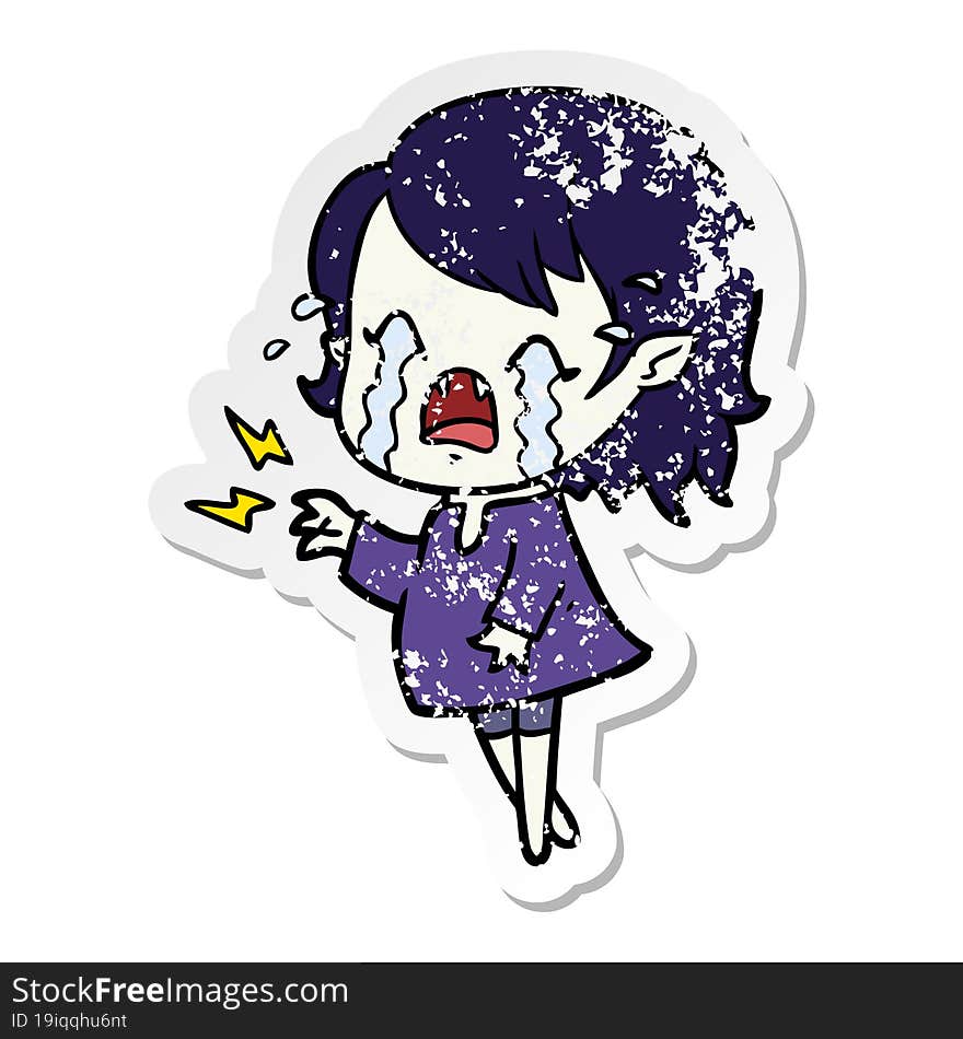 distressed sticker of a cartoon crying vampire girl