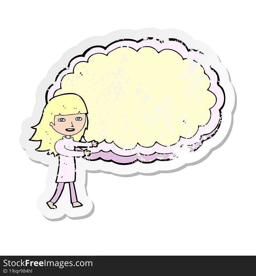 retro distressed sticker of a cartoon girl with cloud text space