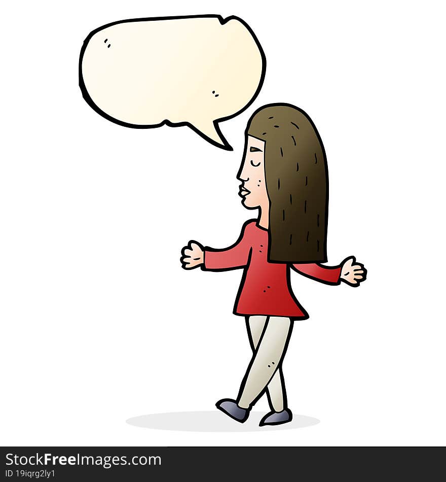 cartoon woman shrugging shoulders with speech bubble