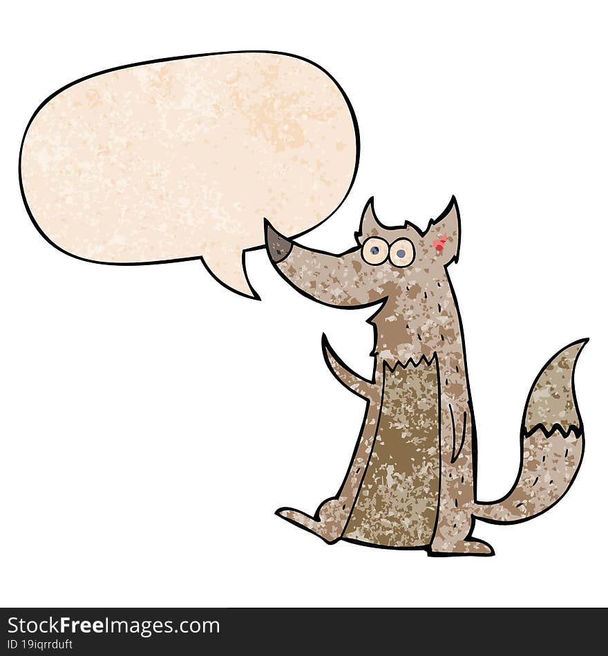 cartoon wolf and speech bubble in retro texture style