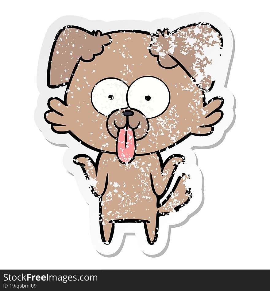 distressed sticker of a cartoon dog with tongue sticking out