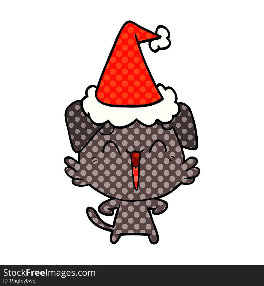 happy little dog comic book style illustration of a wearing santa hat