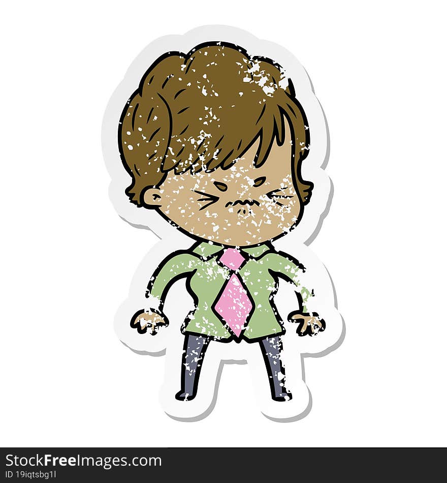 distressed sticker of a cartoon frustrated woman