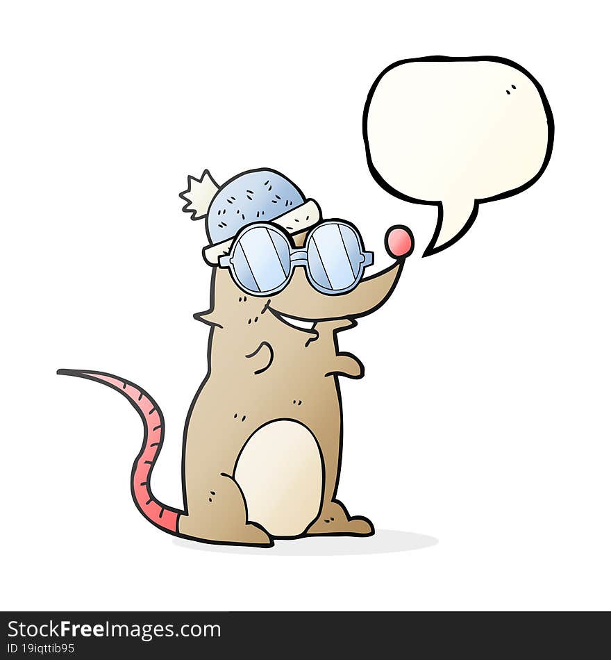 speech bubble cartoon mouse wearing glasses and hat