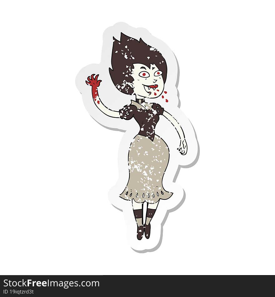 retro distressed sticker of a cartoon blood sucking vampire girl