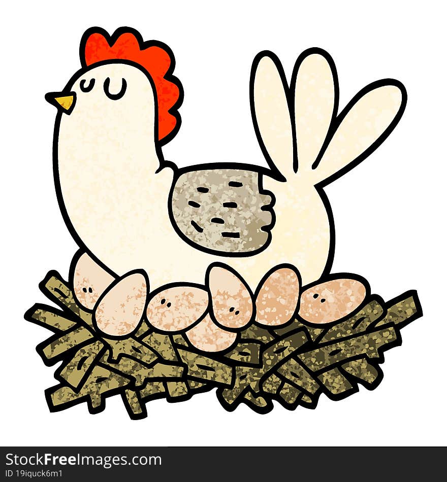 grunge textured illustration cartoon chicken on nest of eggs