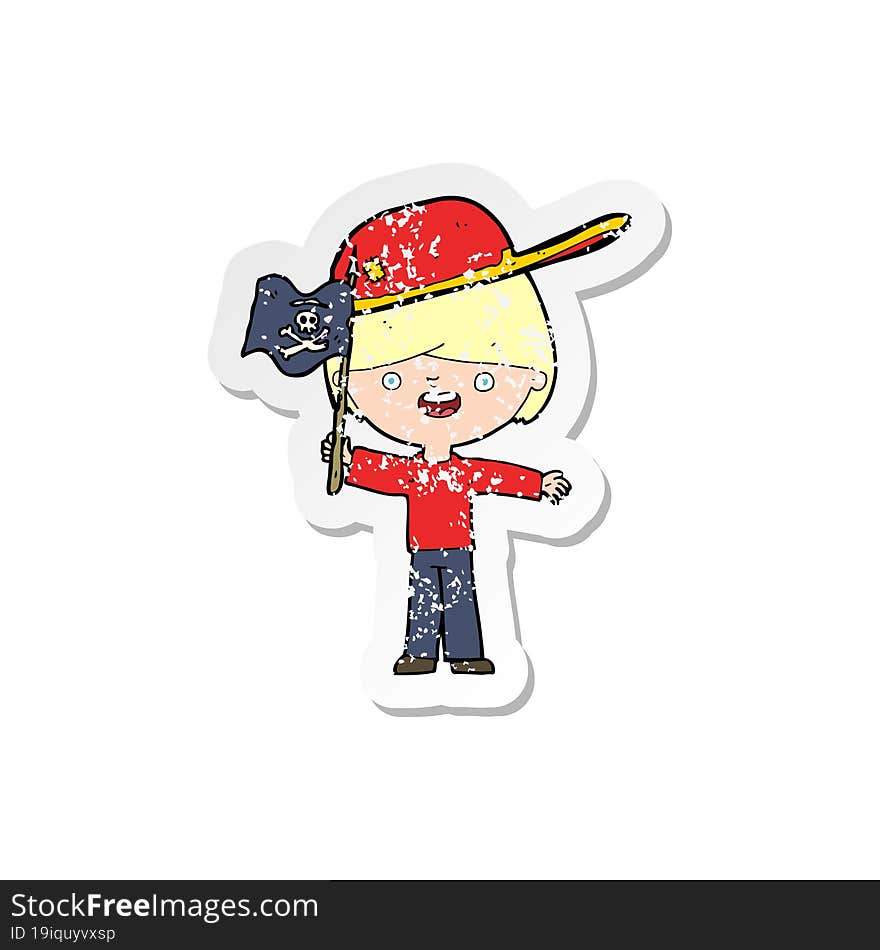 retro distressed sticker of a cartoon boy waving pirate flag