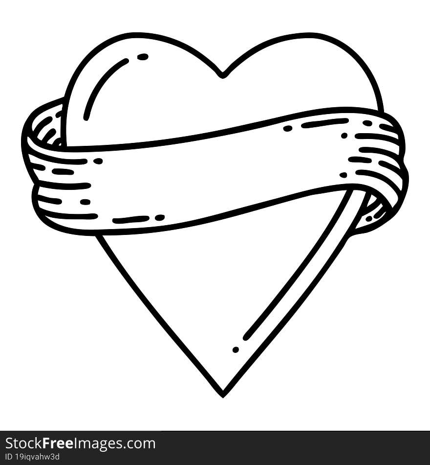 tattoo in black line style of a heart and banner. tattoo in black line style of a heart and banner