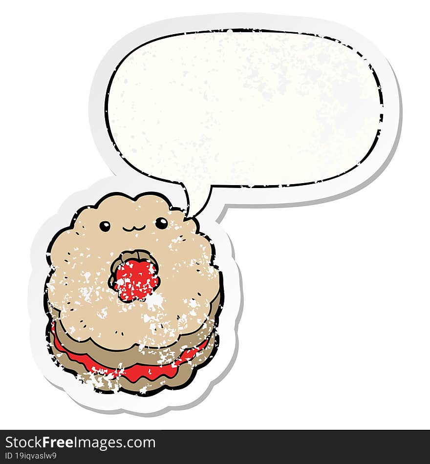 cartoon biscuit with speech bubble distressed distressed old sticker. cartoon biscuit with speech bubble distressed distressed old sticker