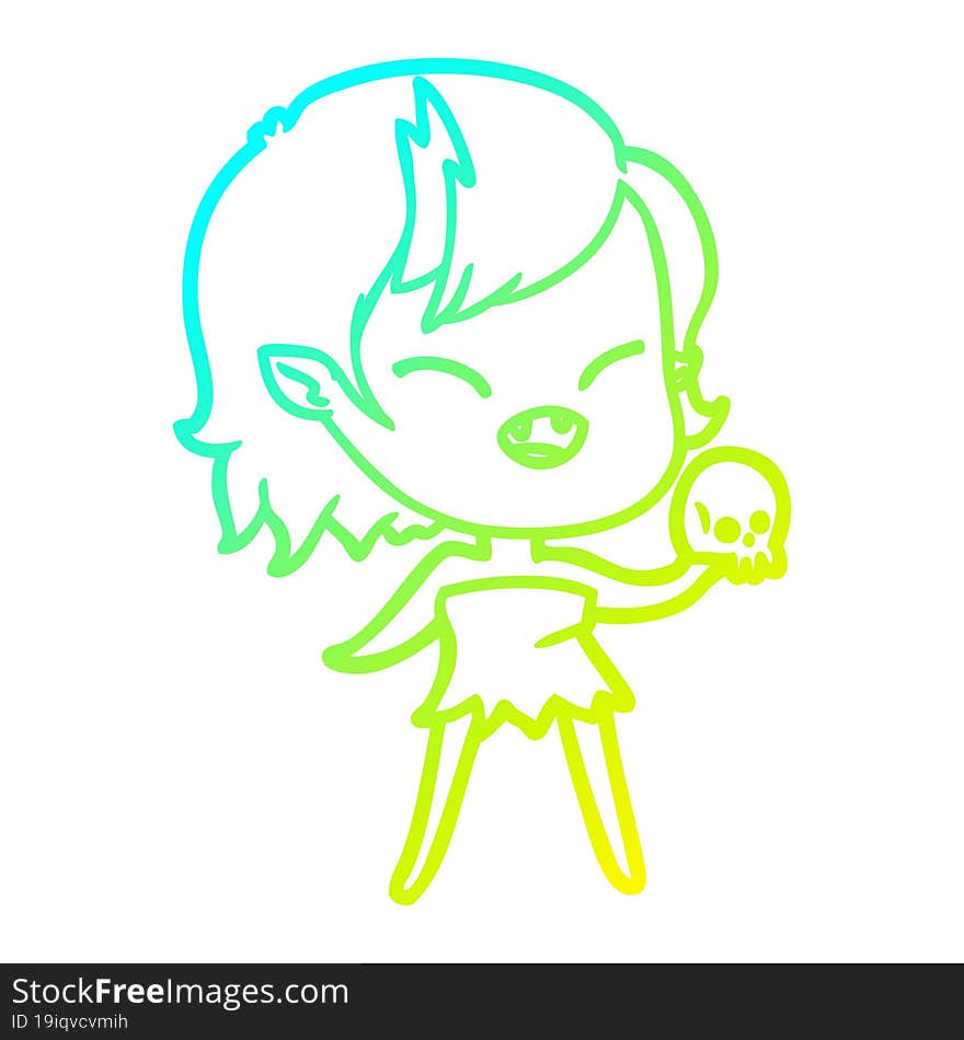 cold gradient line drawing of a cartoon laughing vampire girl with skull