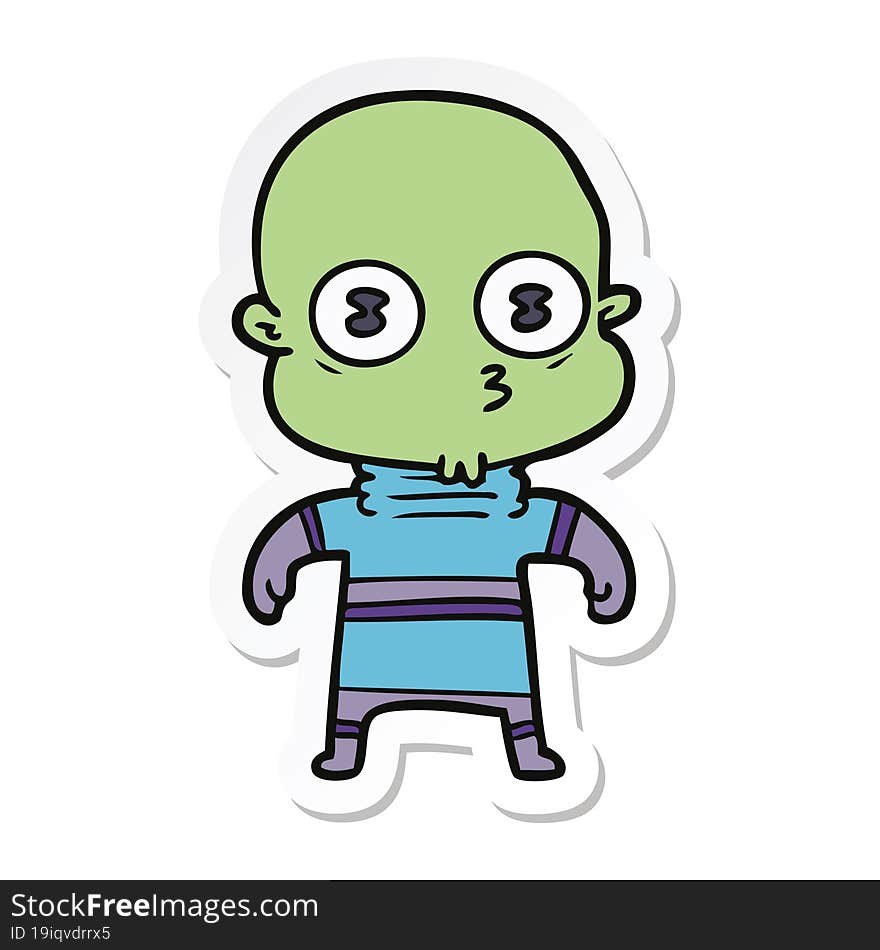 sticker of a cartoon weird bald spaceman