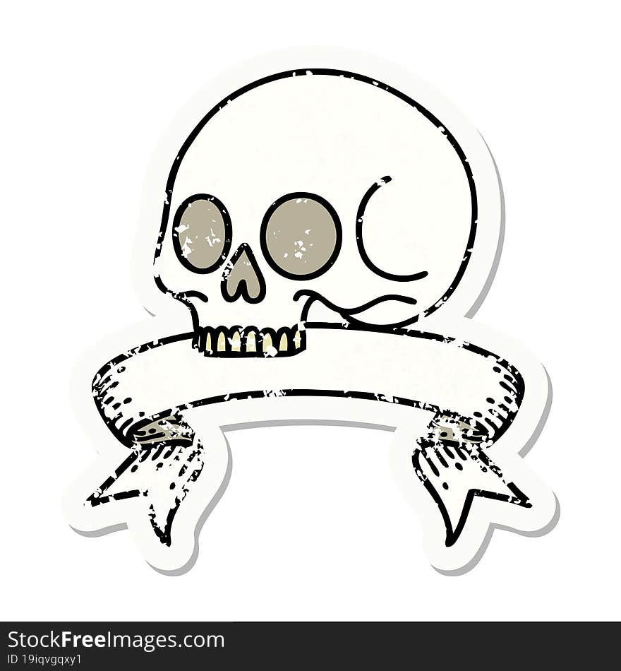 grunge sticker with banner of a skull