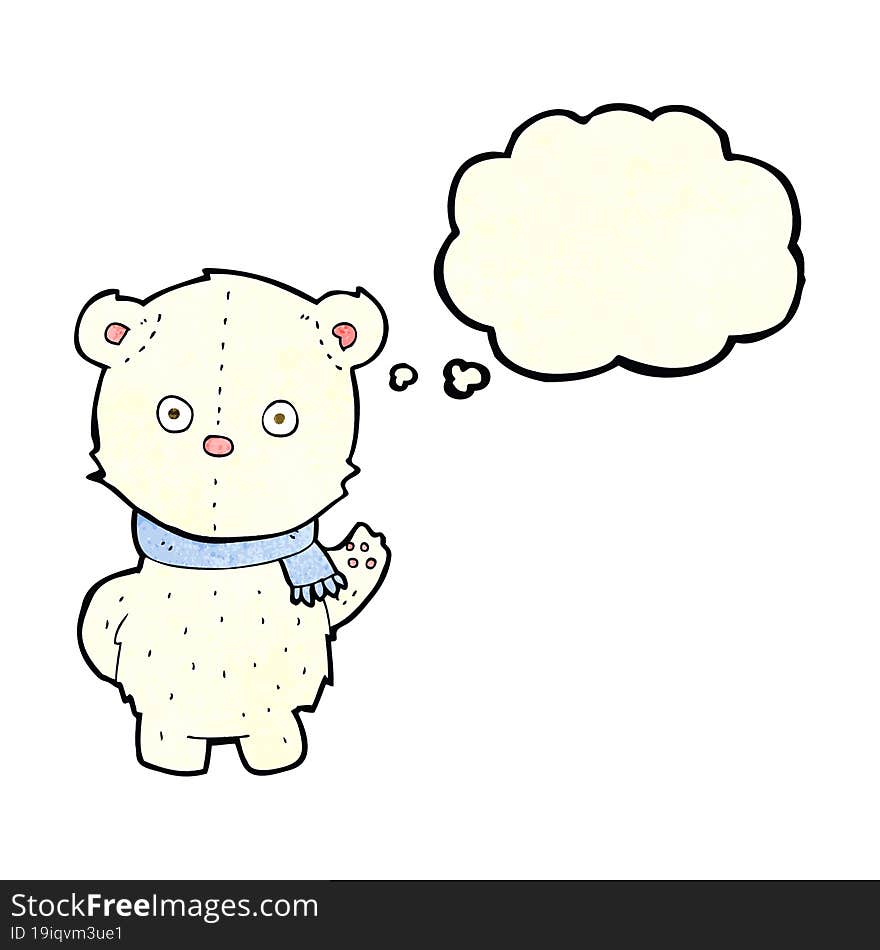 cartoon waving polar bear cub with thought bubble